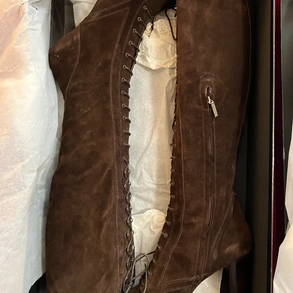 Dolce & Gabbana Brown Suede Lace-Up Boots, Size 9.5, Vintage Never Worn - Picture 2 of 10